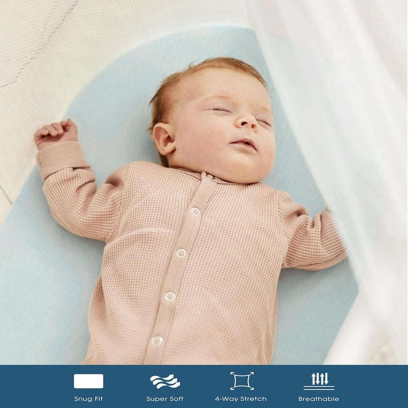 GRSSDER Stretchy Ultra Soft Fitted Bassinet Sheet 3 Pack, Universal Fit for Bassinets Baby Cradle Moses Basket Oval Rectangle Mattress Safe and Snug, Jersey Bassinet Sheets for Girls, White/Blue - Image 3